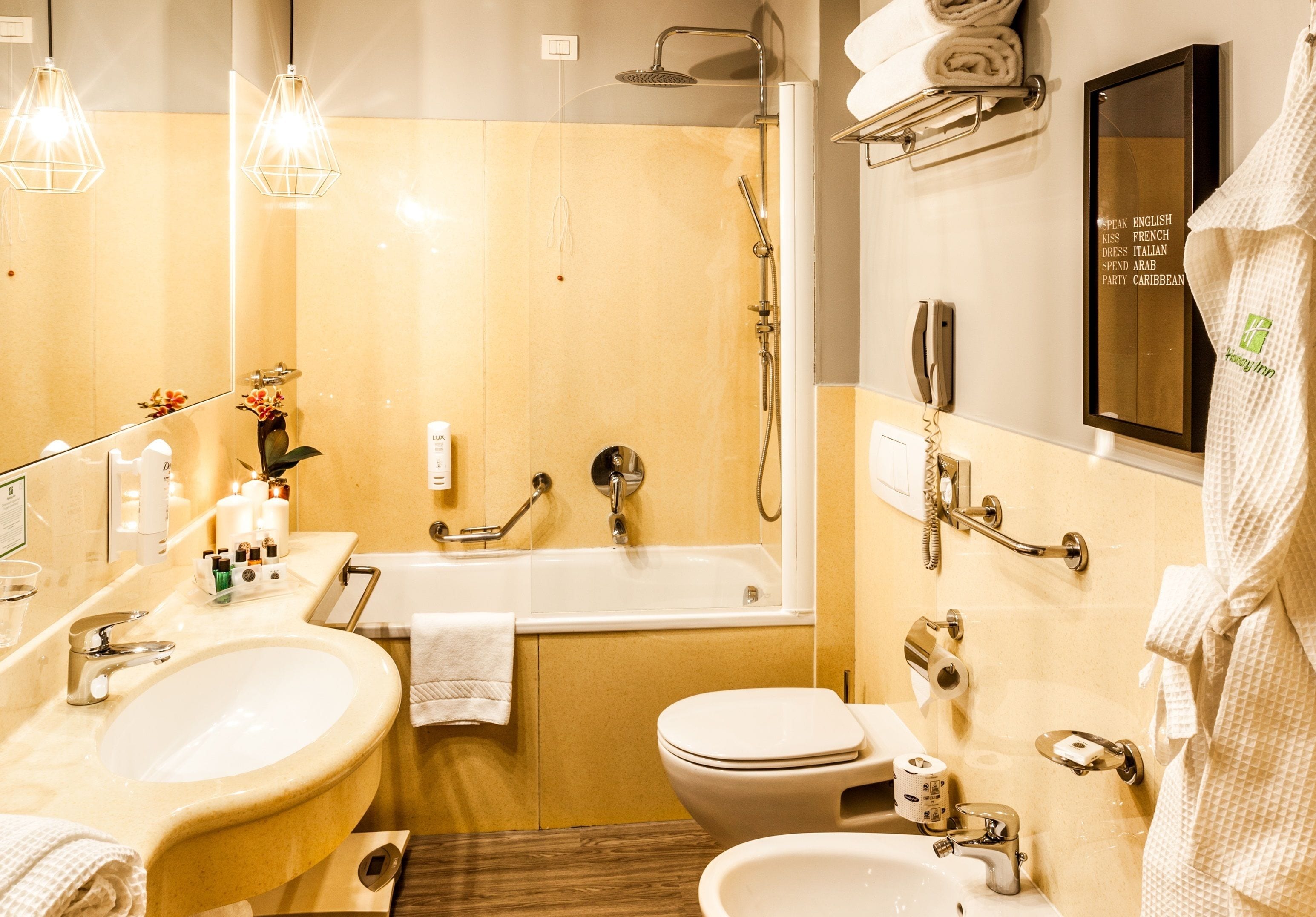 hair dryer, bidet, towels