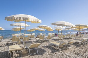 On the beach, sun loungers, beach umbrellas