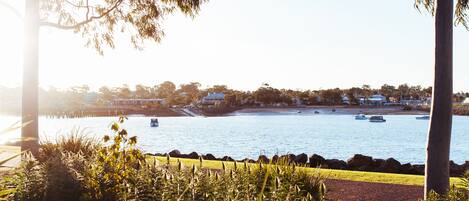 A waterfront view with a grassy area, trees, and a clear sky.