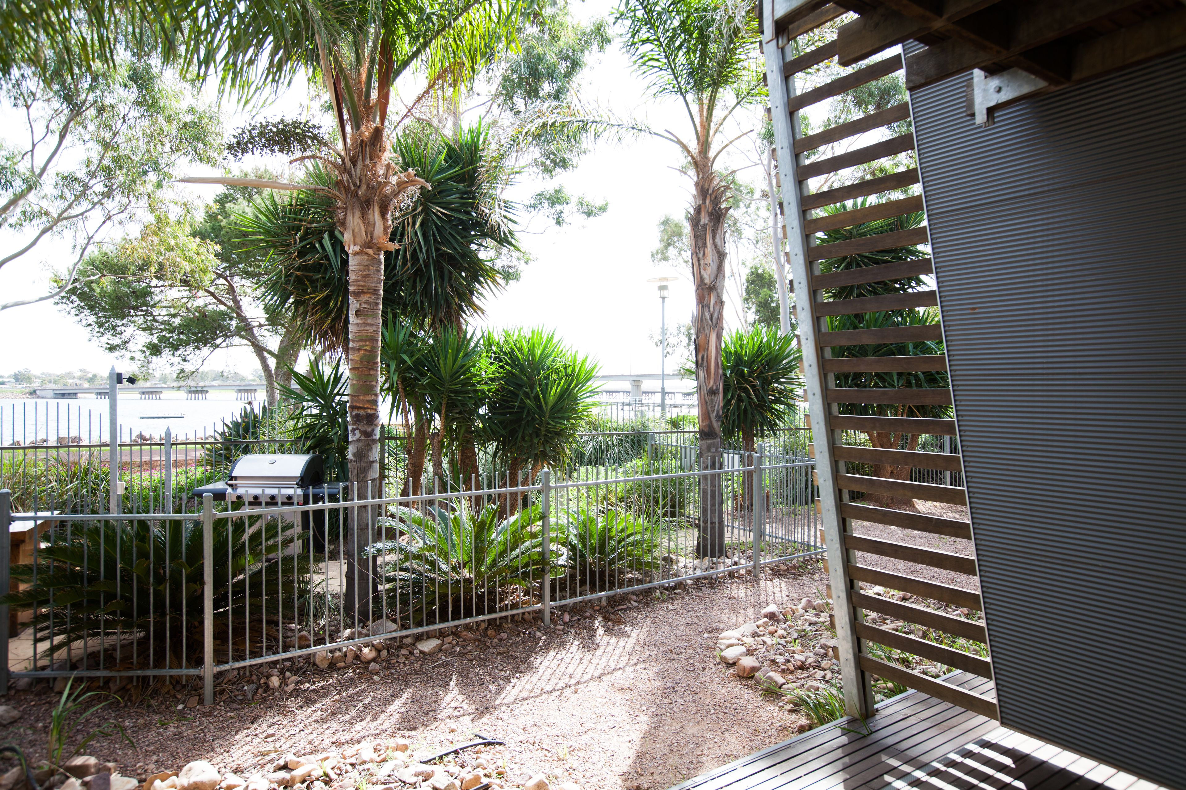 Un espace patio équipé d’un barbecue, agrémenté de palmiers et délimité par une clôture en métal.