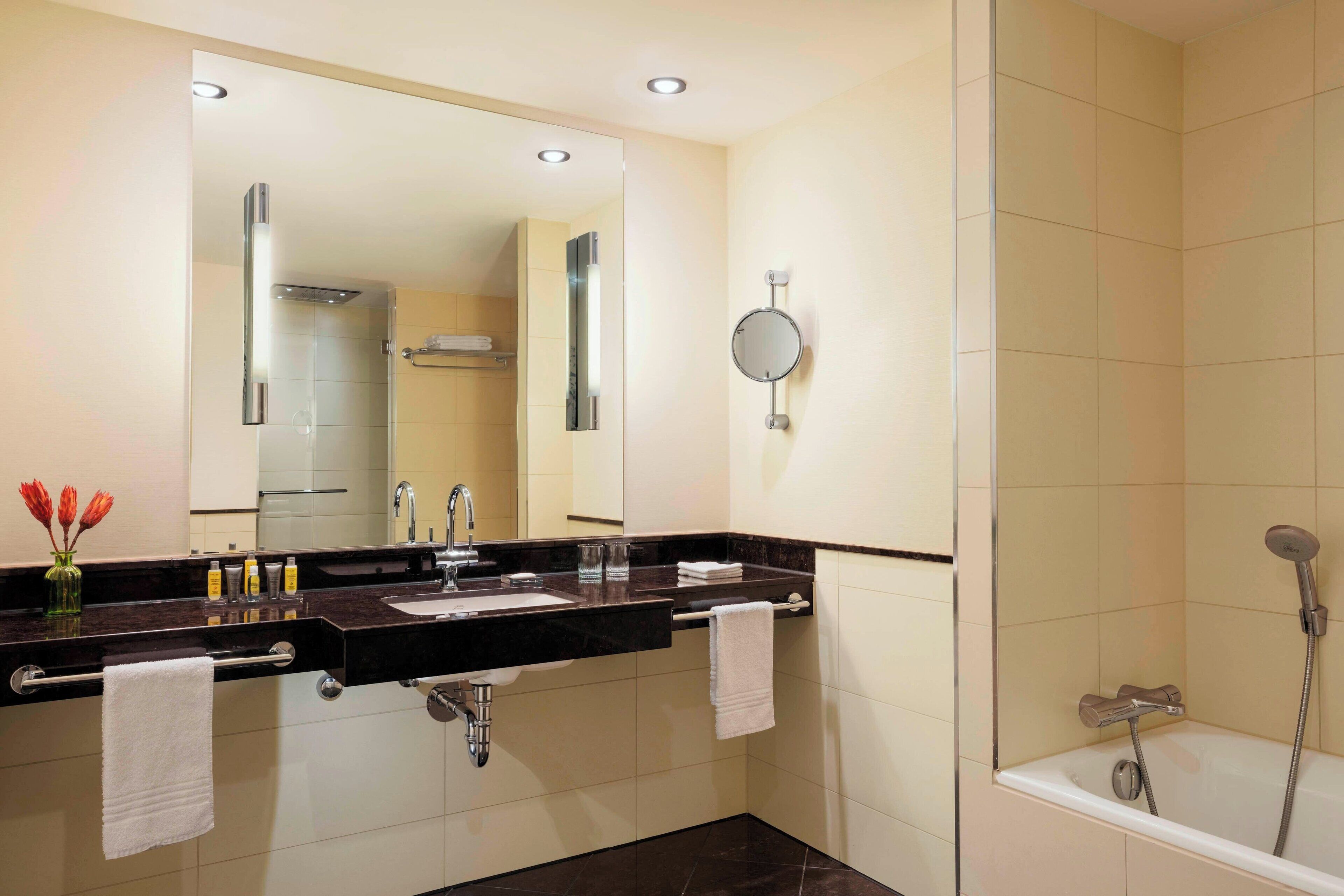 A modern bathroom with a double sink, a large mirror, a handheld showerhead, and a towel rack.