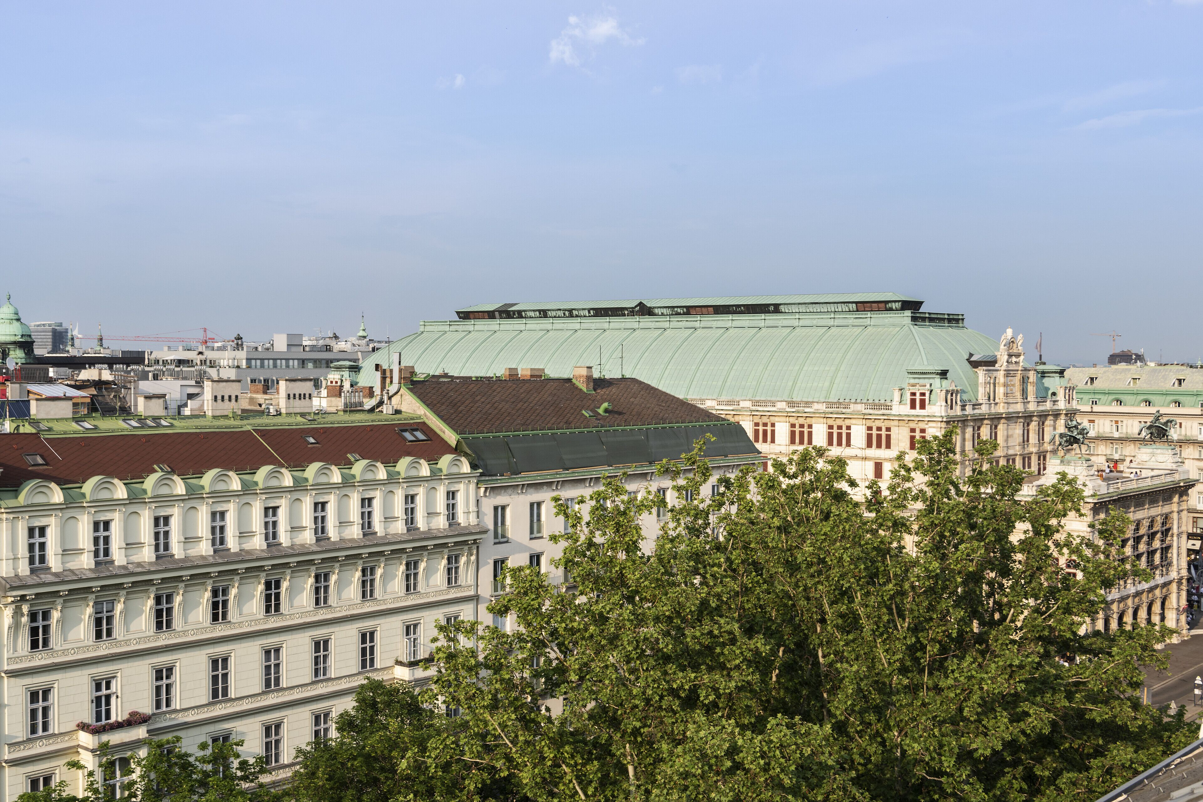 A historic building with classical architecture, large windows, and a prominent green roof.