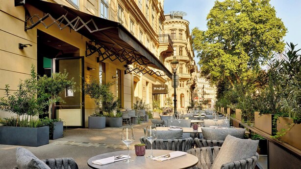 Ein Straßencafé mit runden Tischen und grau gepolsterten Stühlen, umgeben von Topfpflanzen, mit einem historischen Gebäude im Hintergrund.