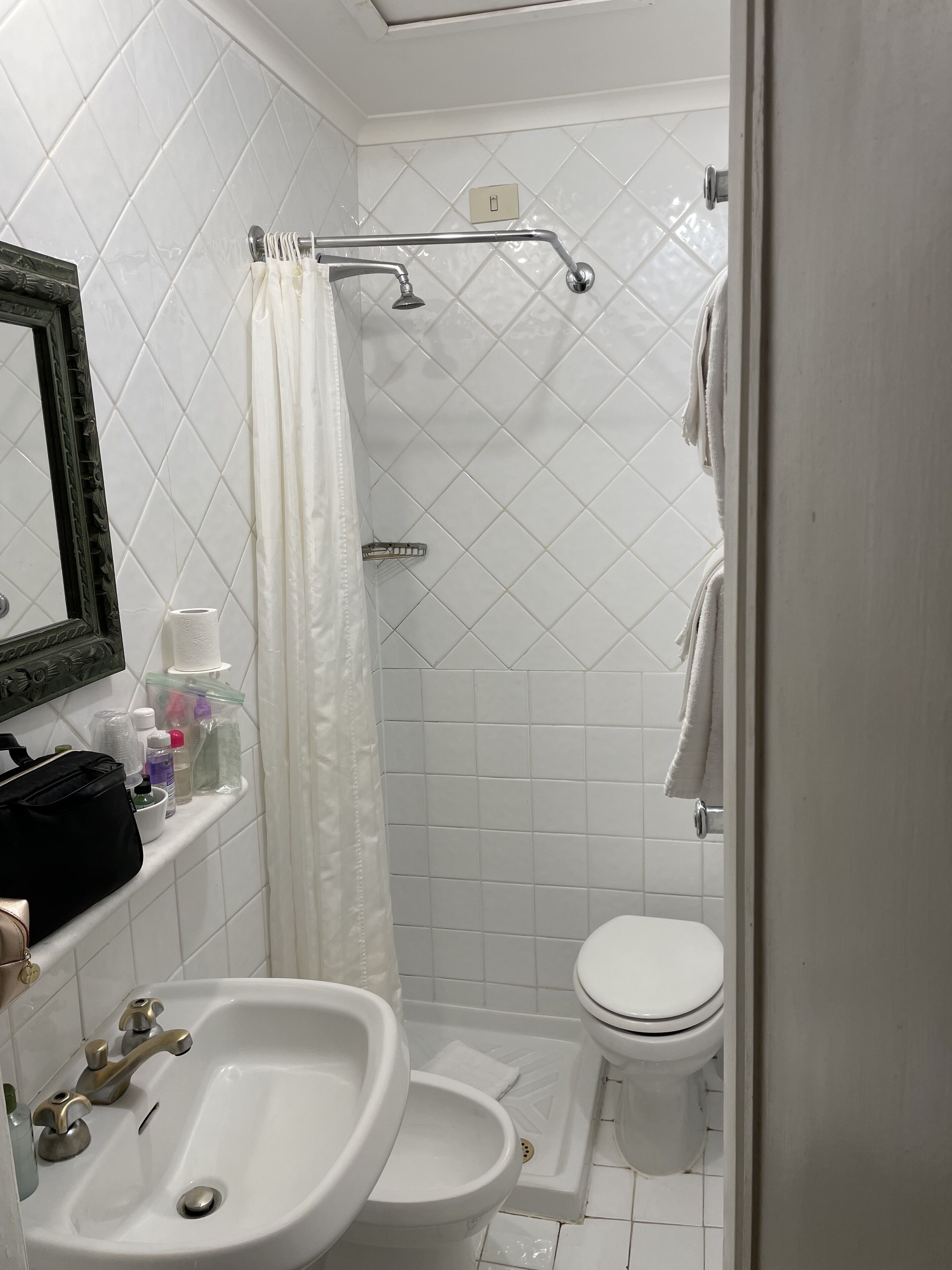 A bathroom with a white sink, toilet, and shower area.