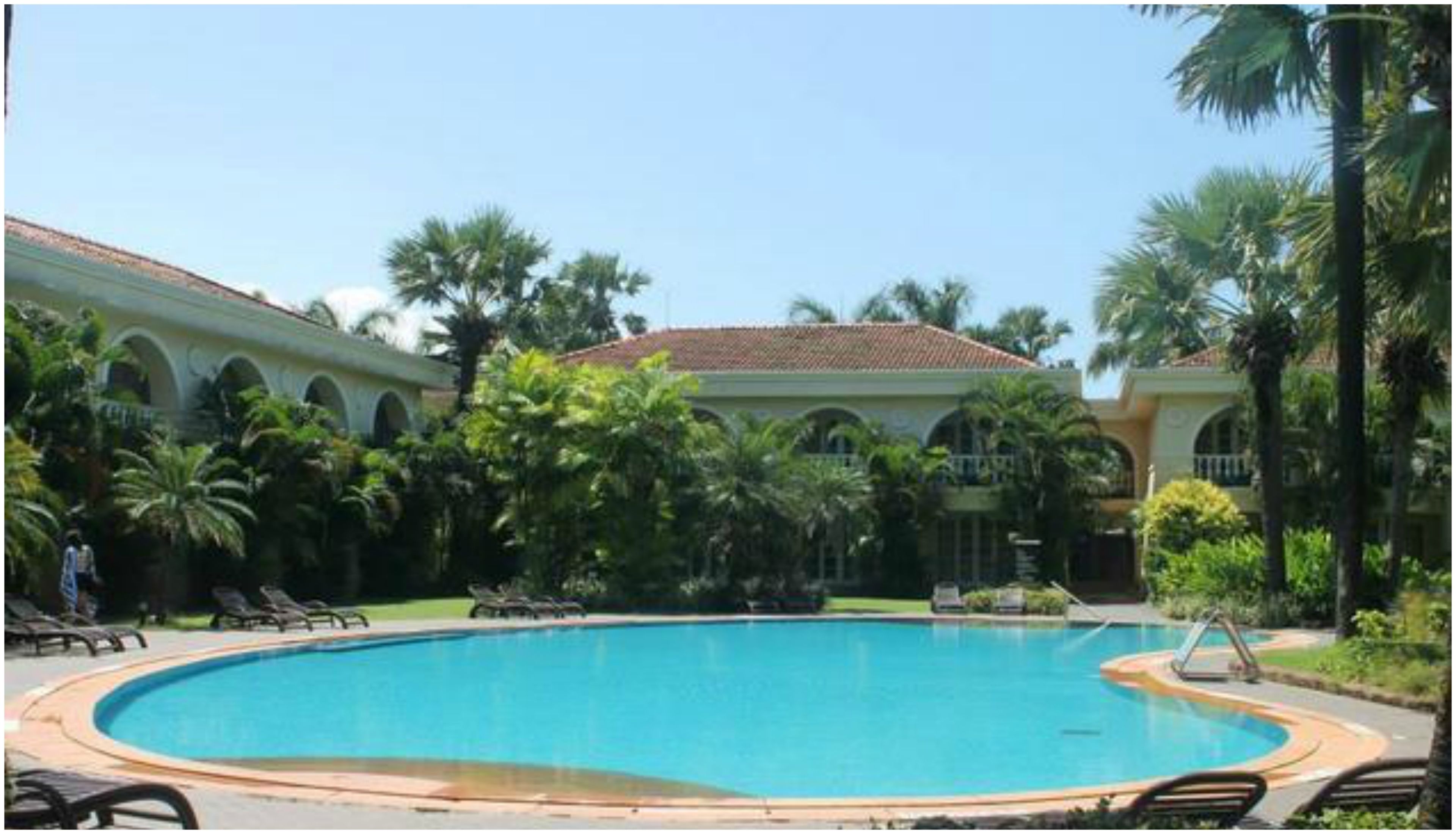 A swimming pool surrounded by palm trees and a building with arched windows.