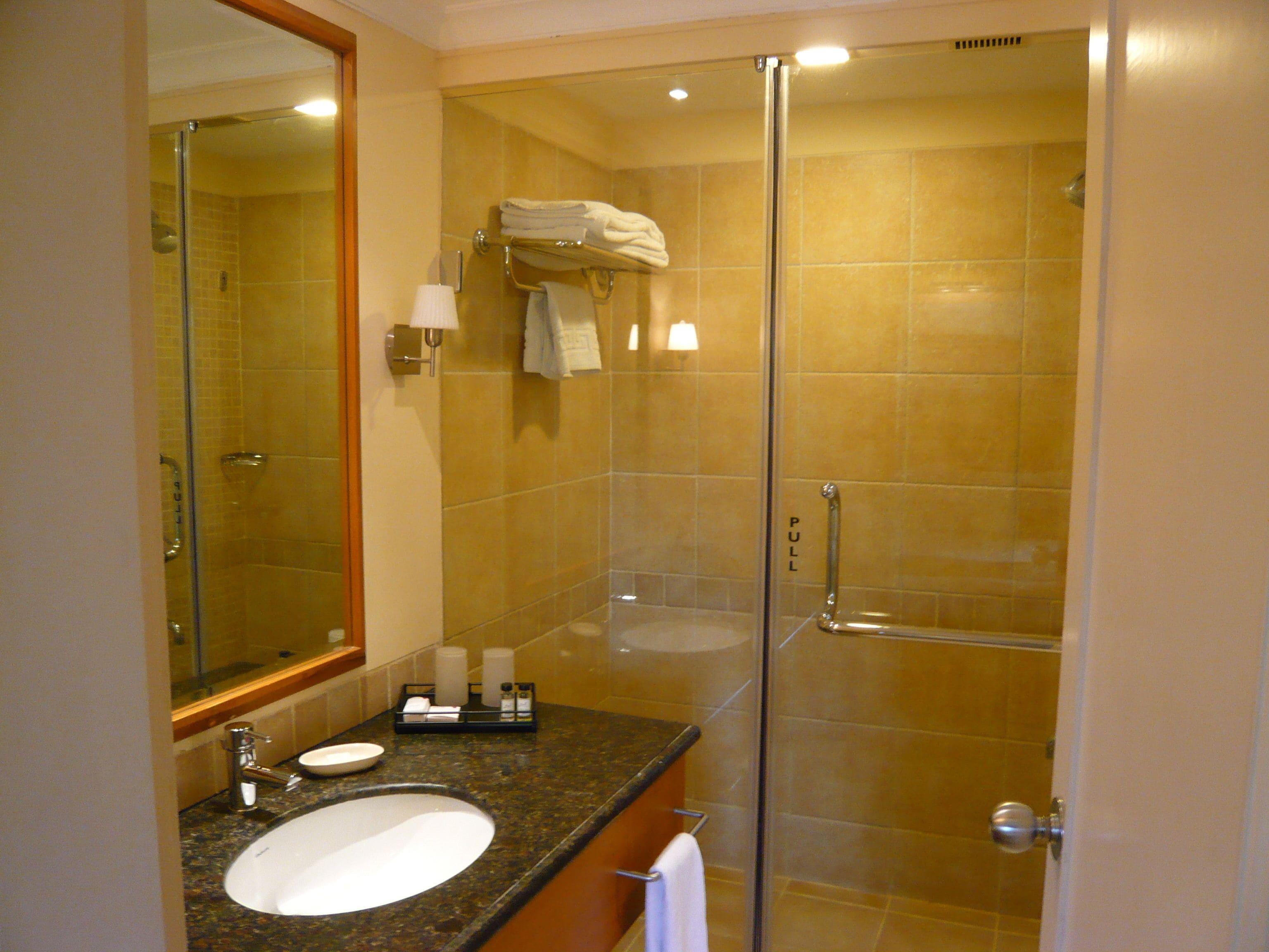 shower, rainfall showerhead, free toiletries, hair dryer