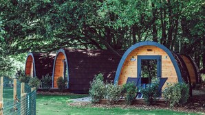 Two wooden arch-shaped cabins surrounded by lush greenery.