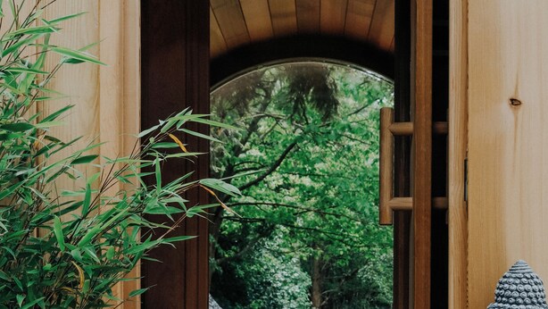 A wooden door leading to a circular viewing area with a statue on the right.