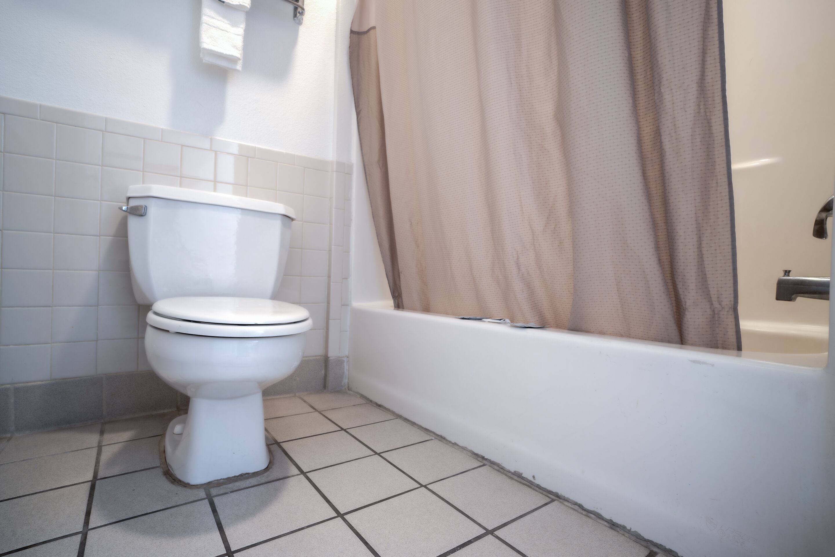 A bathroom with a toilet, a bathtub, and a shower curtain.
