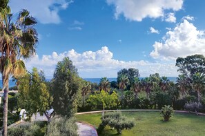 Jardín arbolado con diversas especies de árboles y cielo despejado.