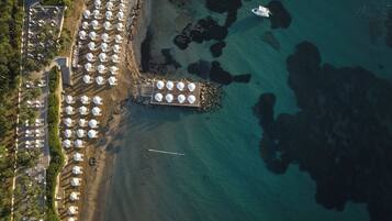 On the beach, sun-loungers, beach umbrellas, beach towels