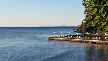 On the beach, sun-loungers, beach umbrellas, beach towels