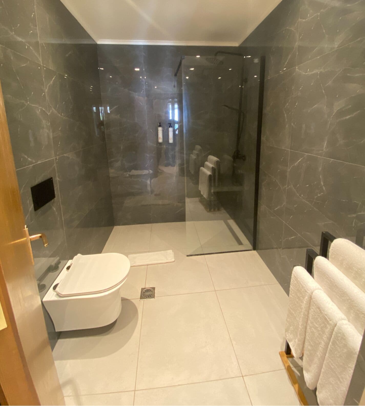 Un baño moderno con ducha de vidrio, inodoro y toallero.