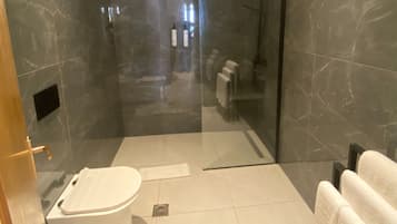 Un baño moderno con ducha de vidrio, inodoro y toallero.