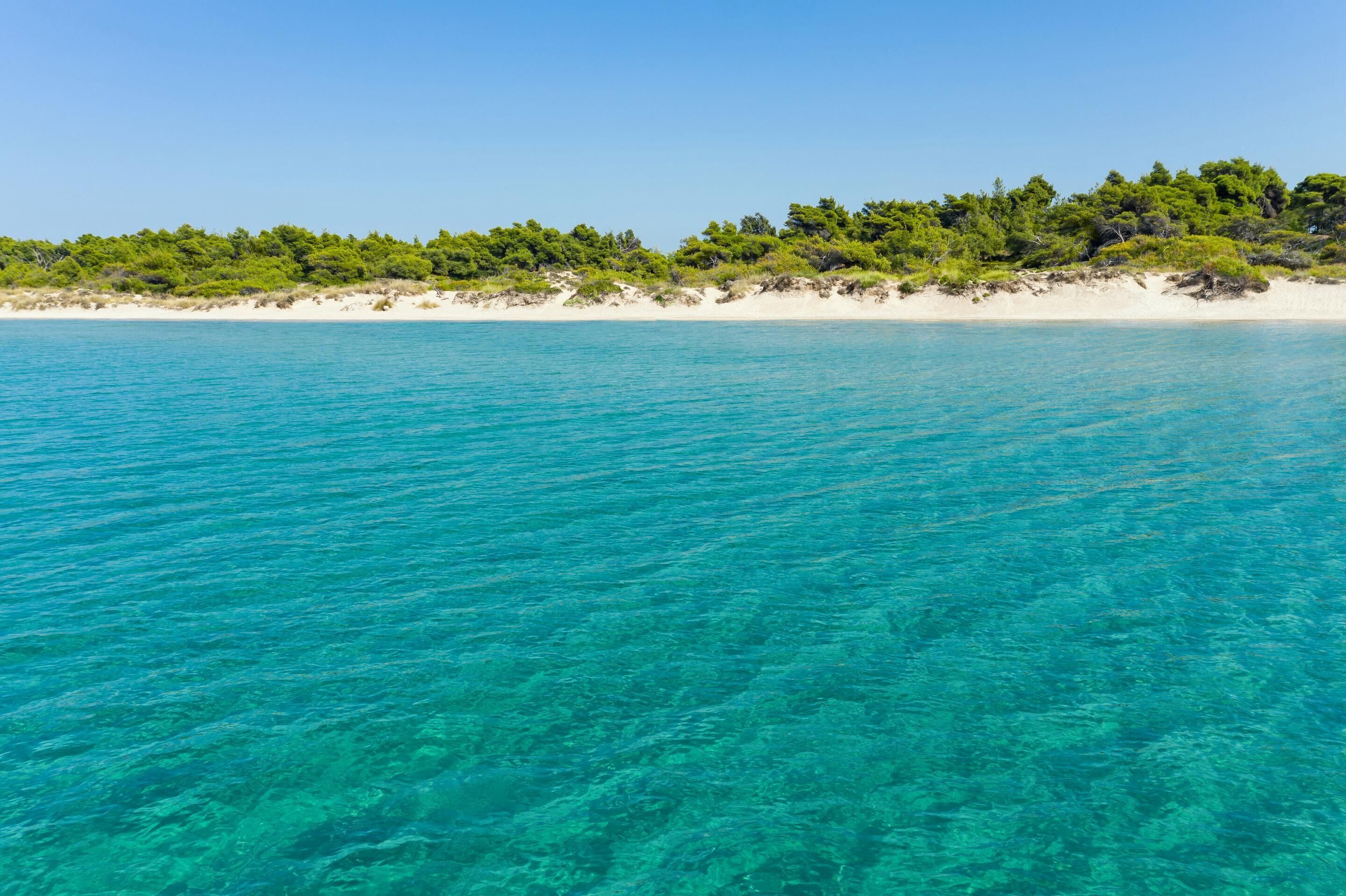 A coastal landscape with clear turquoise water, sandy beach, and dense green vegetation.