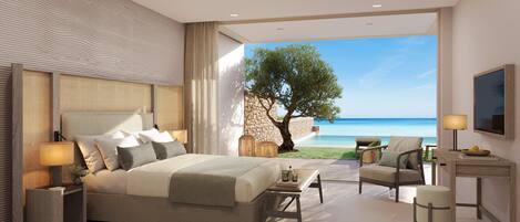 A modern bedroom with a large bed, bedside tables, a desk, and a view of the ocean.