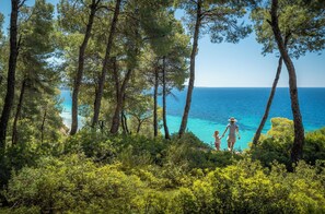 Privat strand, parasoller, strandhanddukar och strandbarer