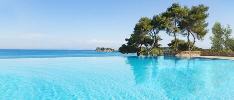 Seasonal outdoor pool, pool umbrellas