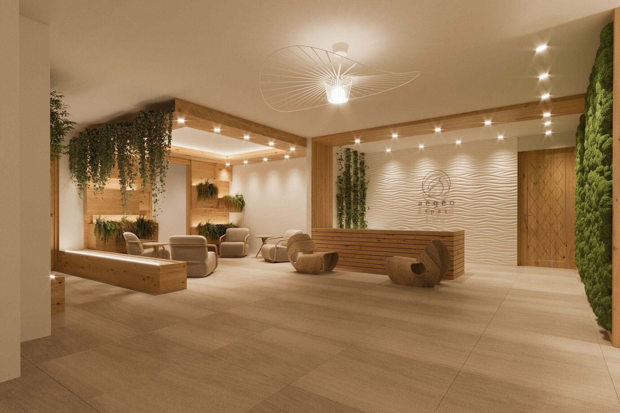 Un spa moderno con detalles de madera, una zona de relajación y un acuario fijado a la pared.