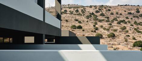A modern building with a flat roof and large windows, set against a hilly landscape.