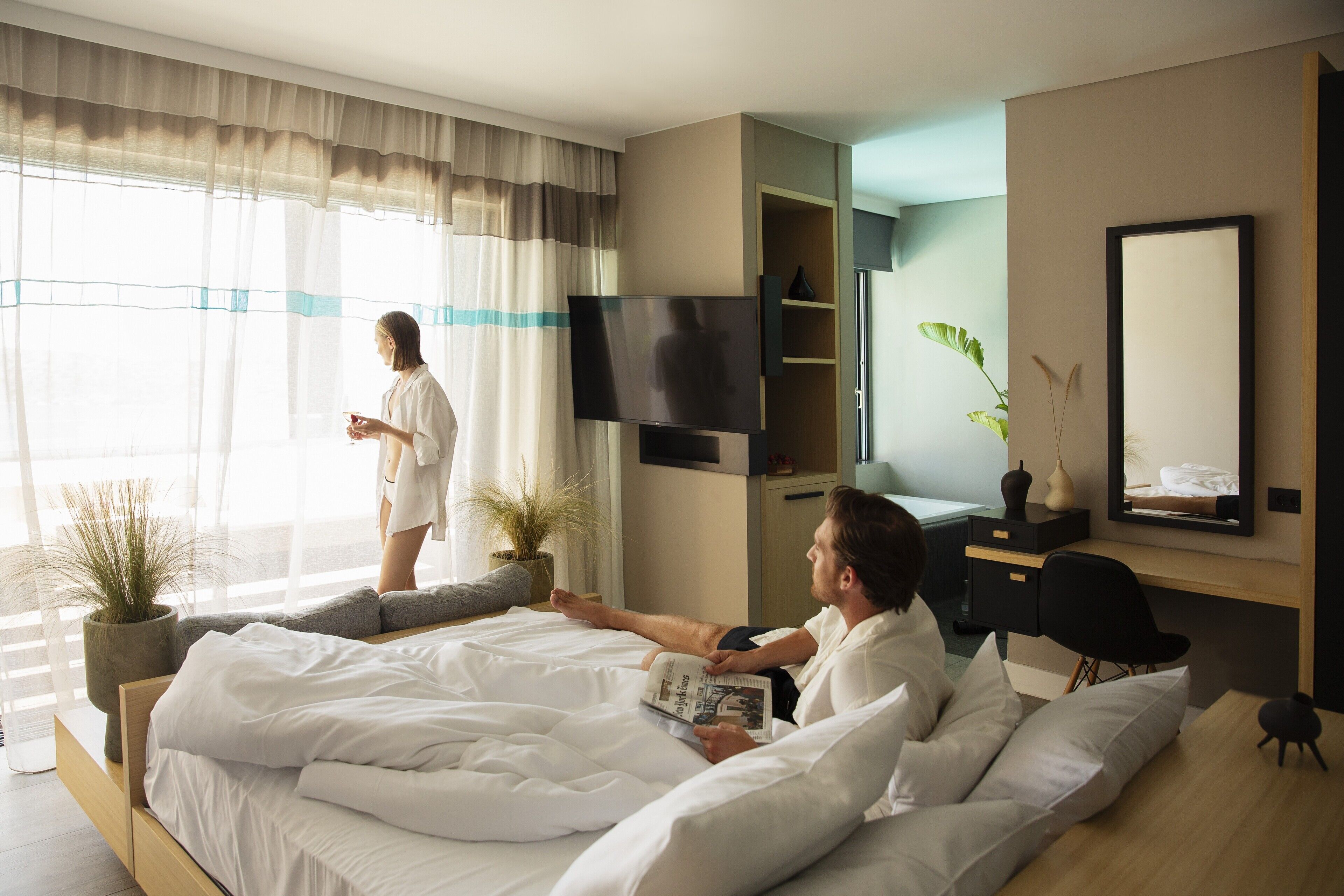 Una habitación de hotel con una cama, televisión, escritorio y una planta en maceta.