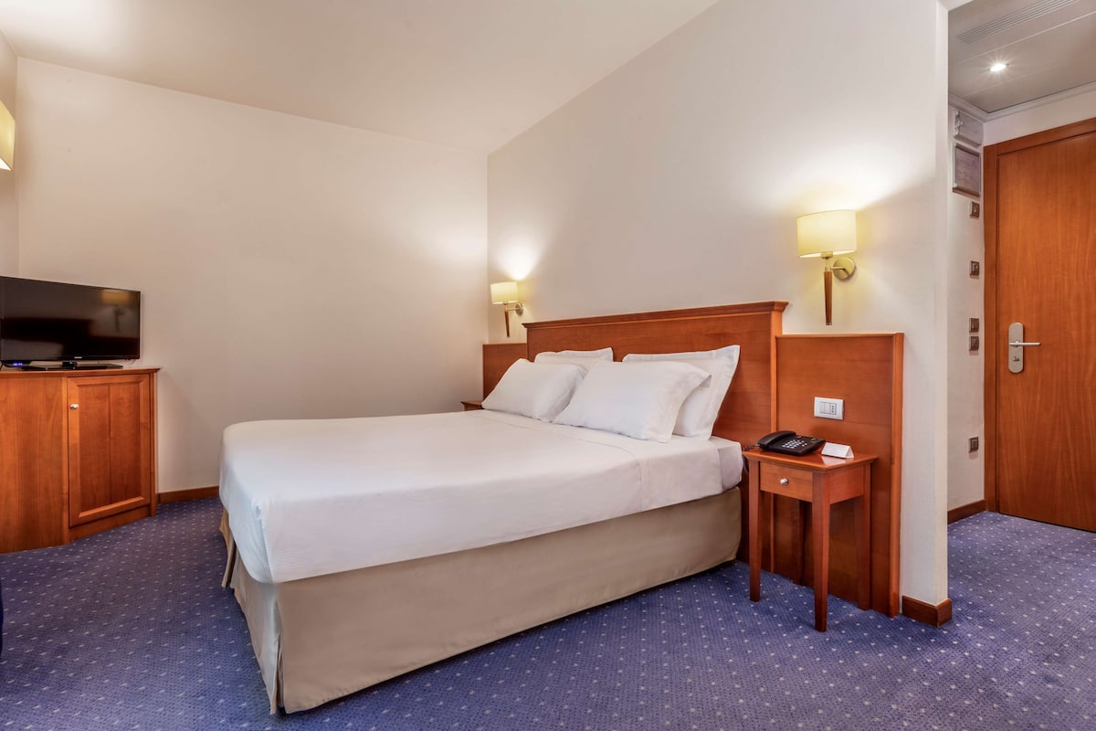 A hotel room with a large bed, a TV, a bedside table with a lamp, and a wooden wardrobe.