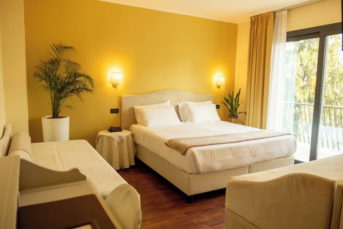 Habitación de hotel con una cama grande, dos mesitas de noche, una planta en maceta y vistas al exterior.