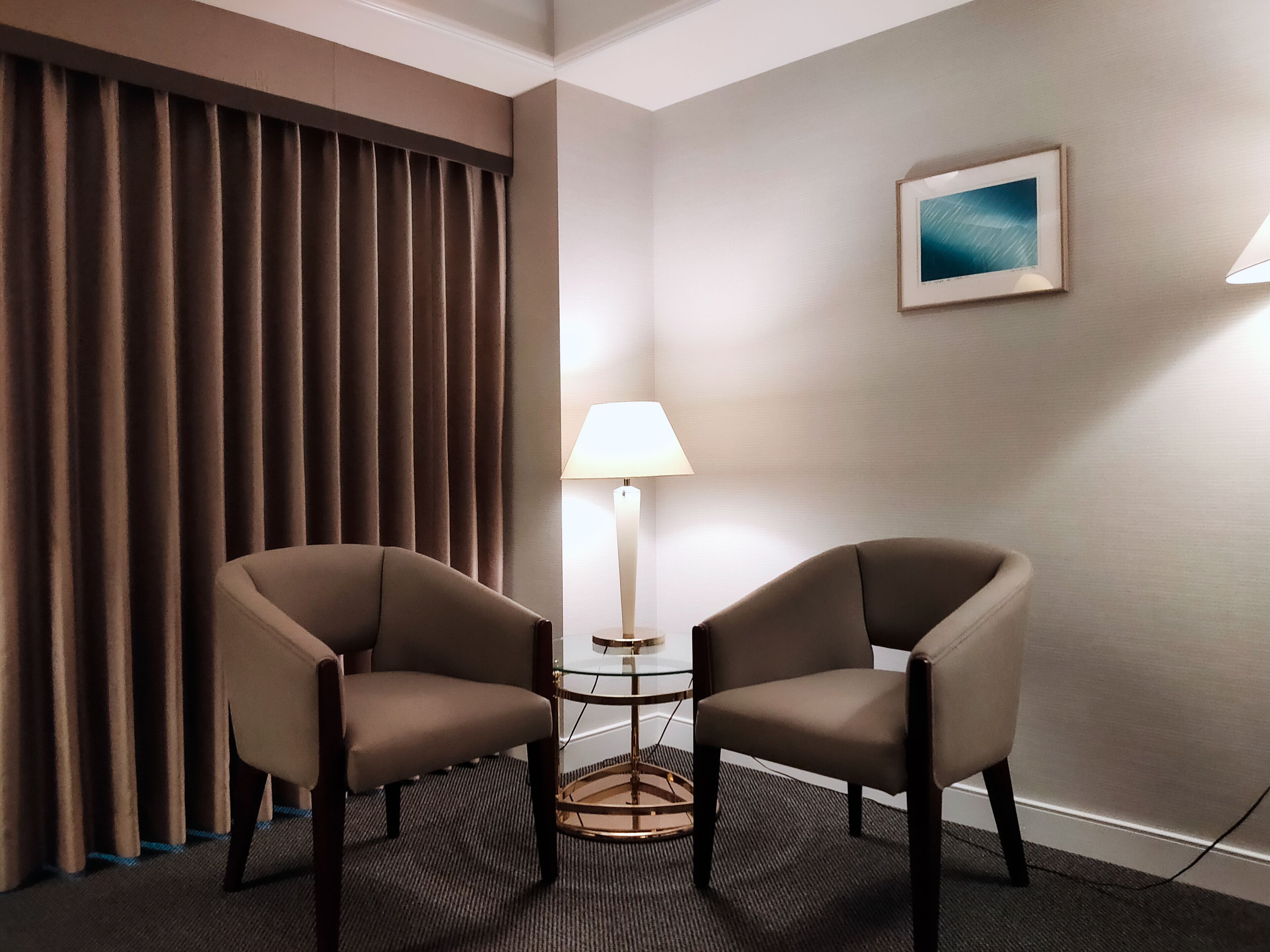 Premium bedding, desk, laptop workspace, iron/ironing board