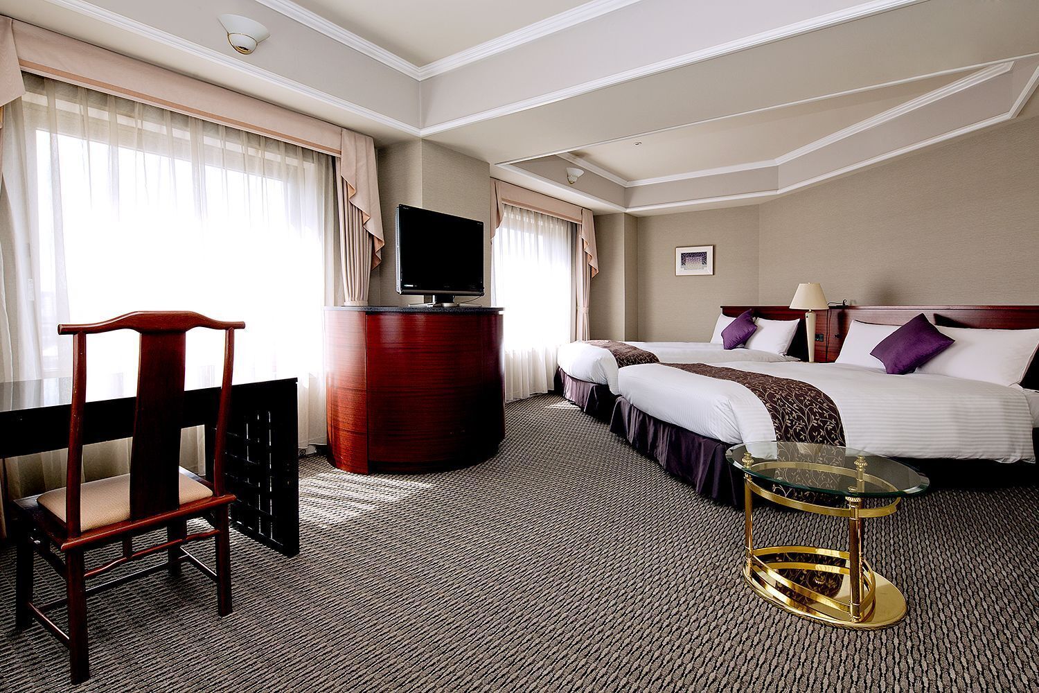 Premium bedding, desk, laptop workspace, iron/ironing board