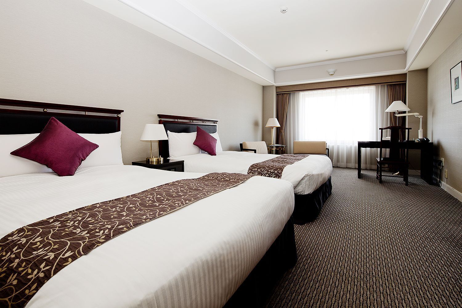 Premium bedding, desk, laptop workspace, iron/ironing board