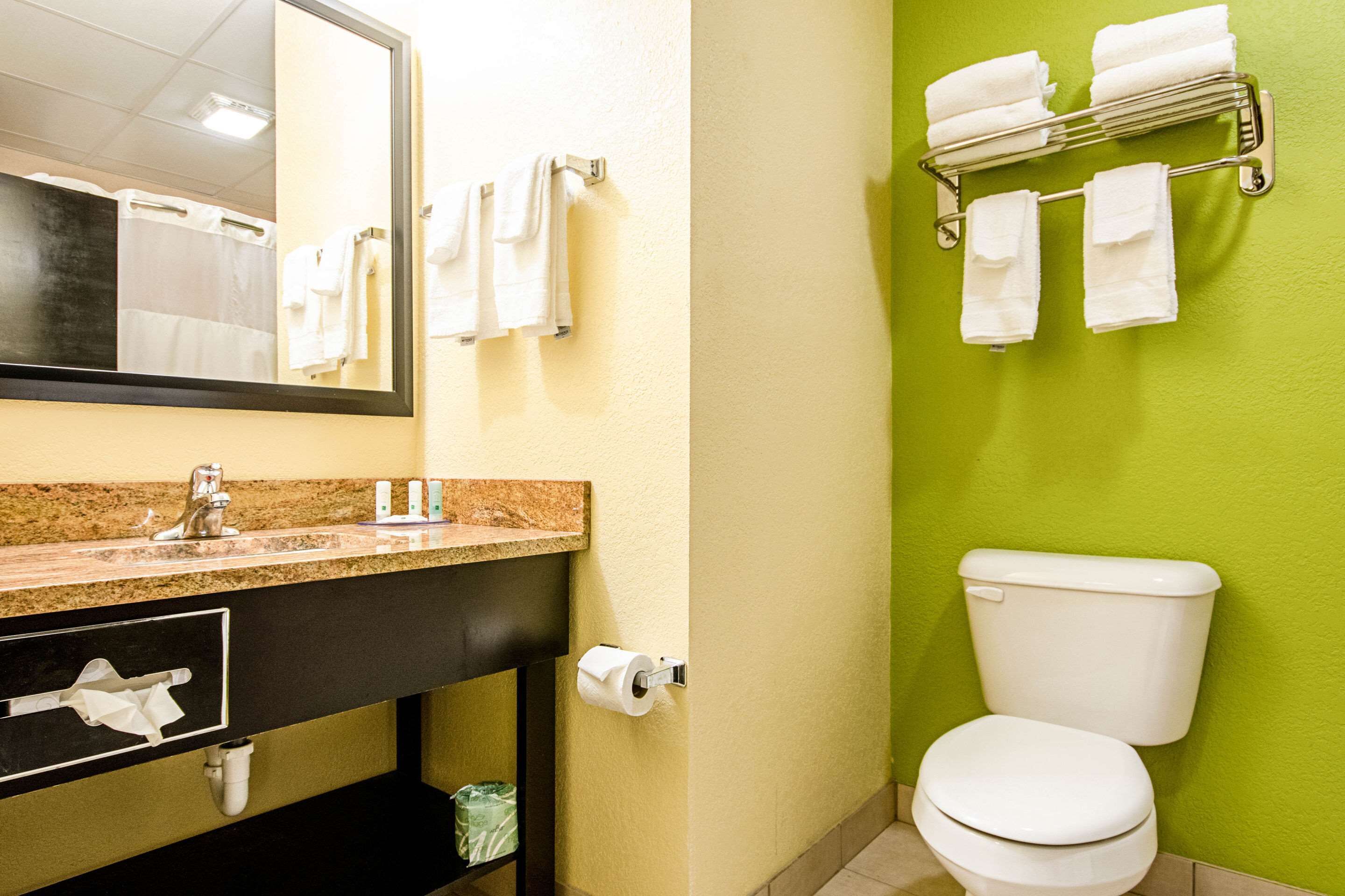 Un baño con lavamanos, espejo, toallero, inodoro y un cubo de basura.