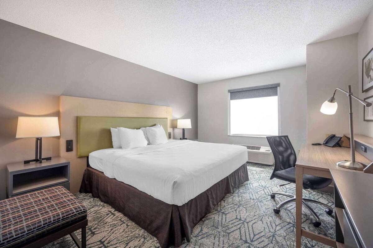 A hotel room with a large bed, two bedside tables with lamps, a desk with a chair, a bench, and a window with a view.