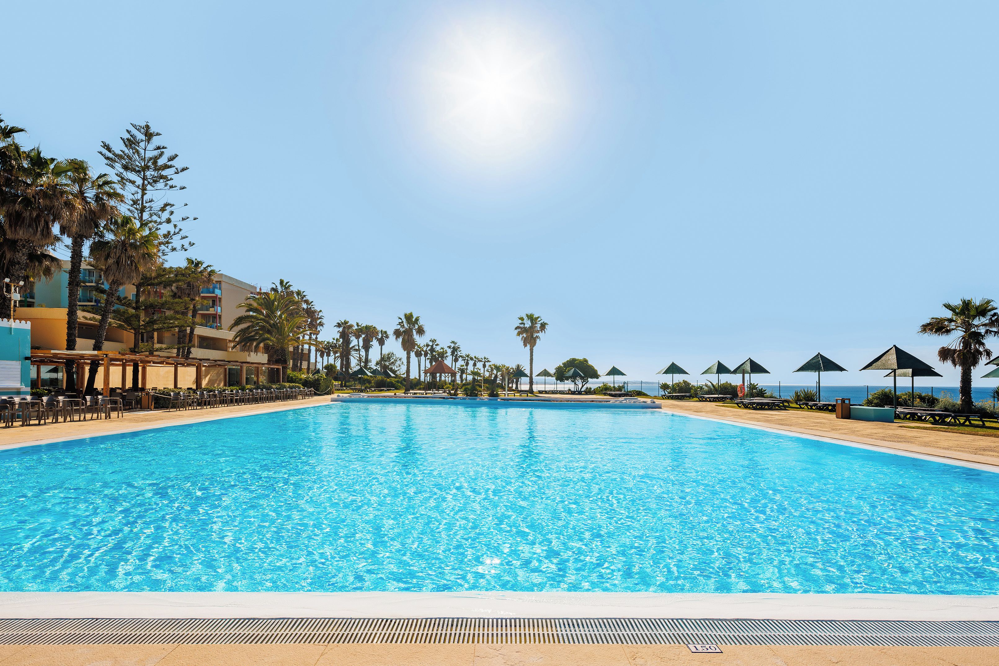 Una piscina azul cristalina con sillas de descanso y sombrillas, rodeada de palmeras y un edificio.