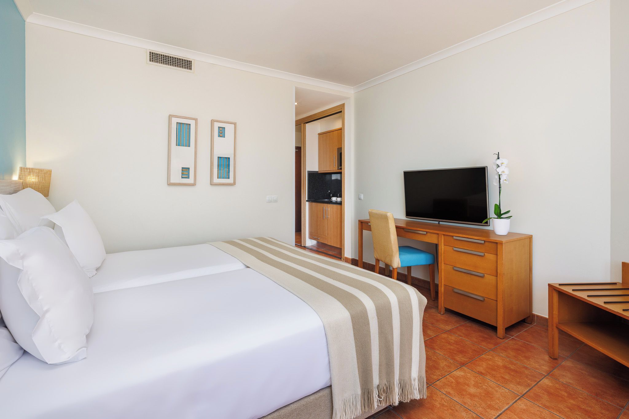 Habitación de hotel con cama, escritorio con televisor, silla y una pequeña mesa con una planta.