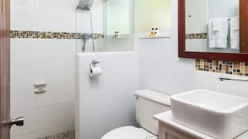 A bathroom with a shower, toilet, sink, and a mirror.