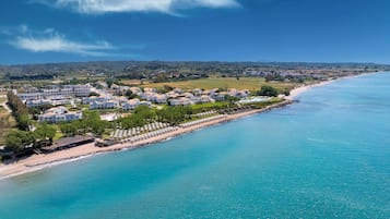 On the beach, sun-loungers, beach umbrellas, beach towels