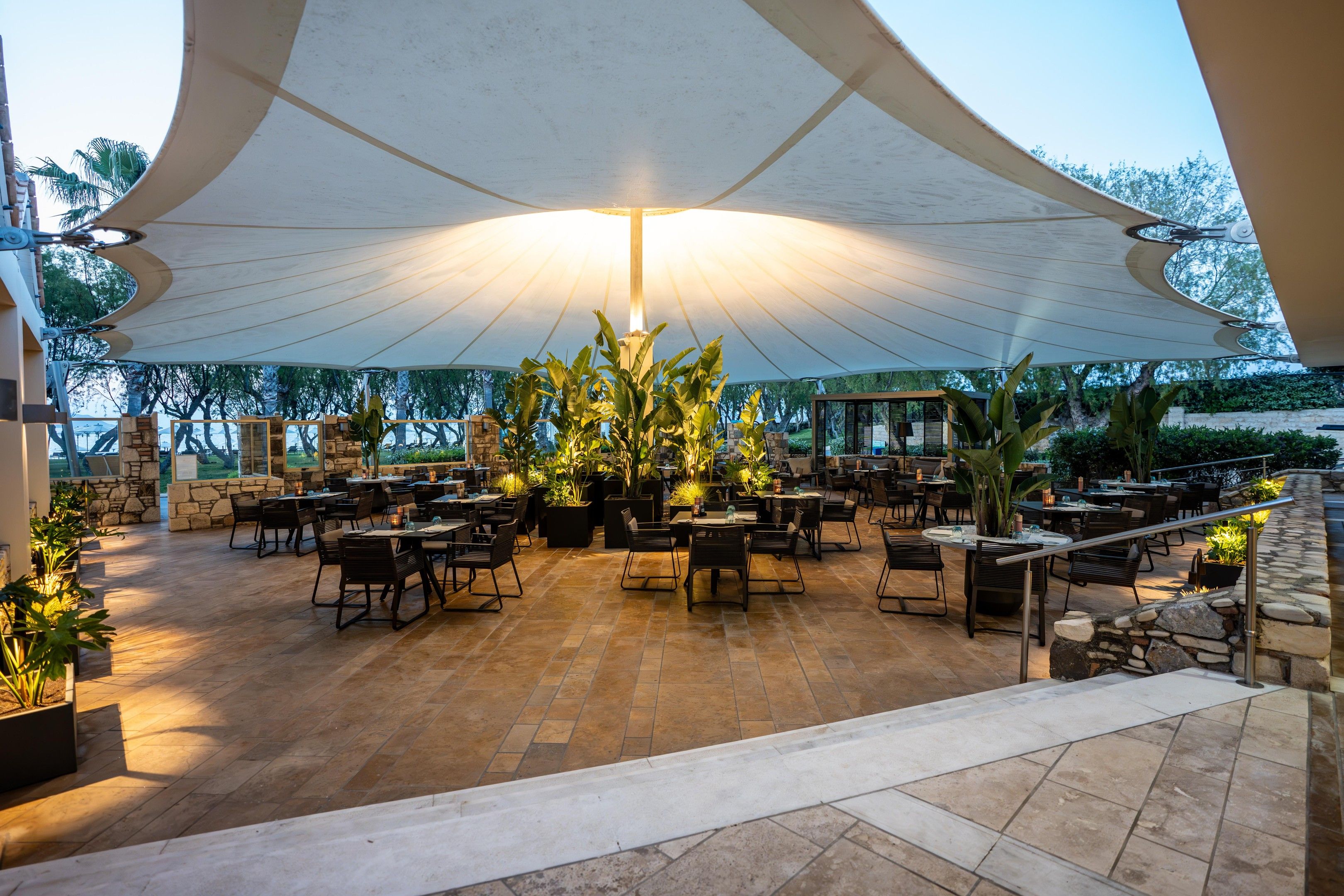 An outdoor patio area with tables and chairs, a large canopy, and potted plants.