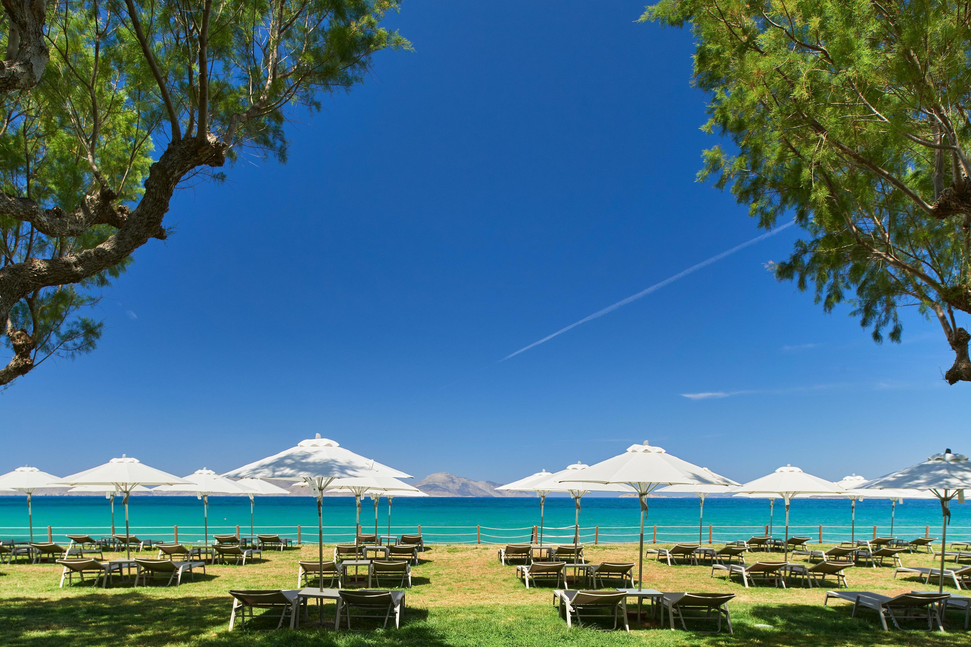 A beachside seating area with tables and chairs, umbrellas, and a view of the sea.
