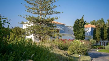 Un edificio moderno con fachada blanca y techo de tejas rojas, rodeado de exuberante vegetación y un sendero empedrado.
