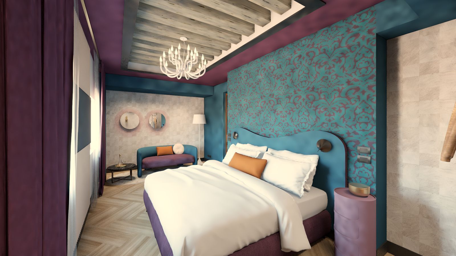 Ein modernes Schlafzimmer mit einem großen Bett, einem Nachttisch, einer Kommode, einer Chandelüster und einer Wand mit Muster.