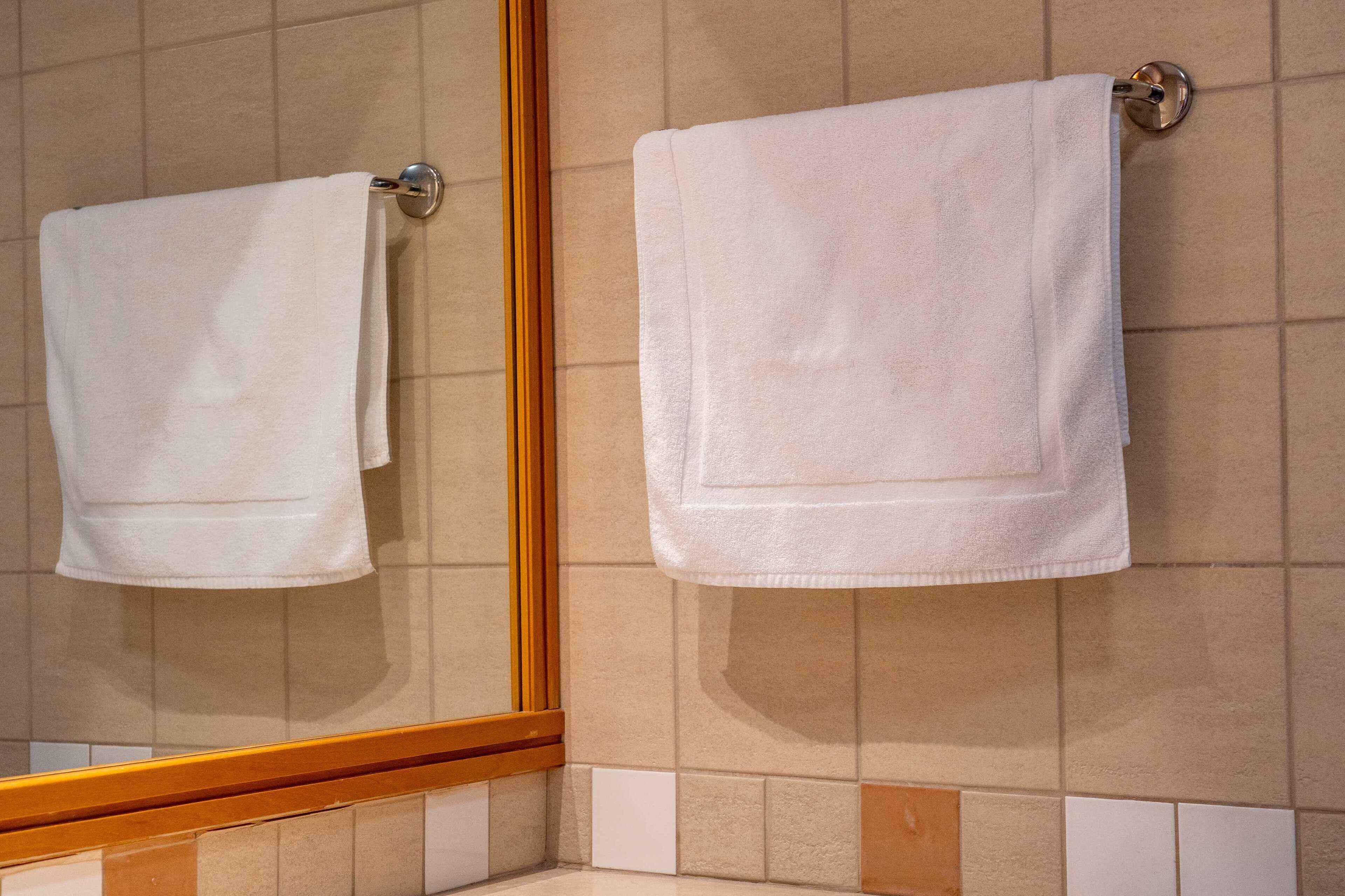 Een badkamer met twee witte handdoeken die aan een wandrek hangen.