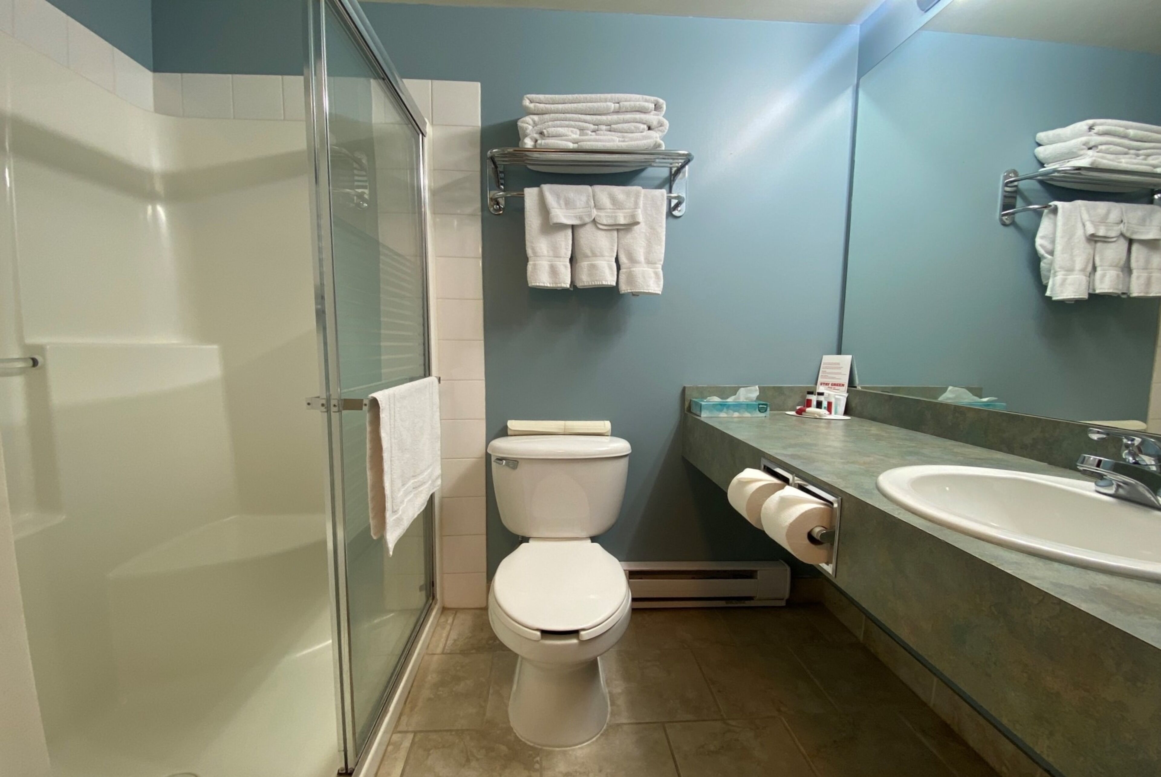 A bathroom with a glass shower enclosure, a toilet, a sink with a mirror, and towels on a rack.