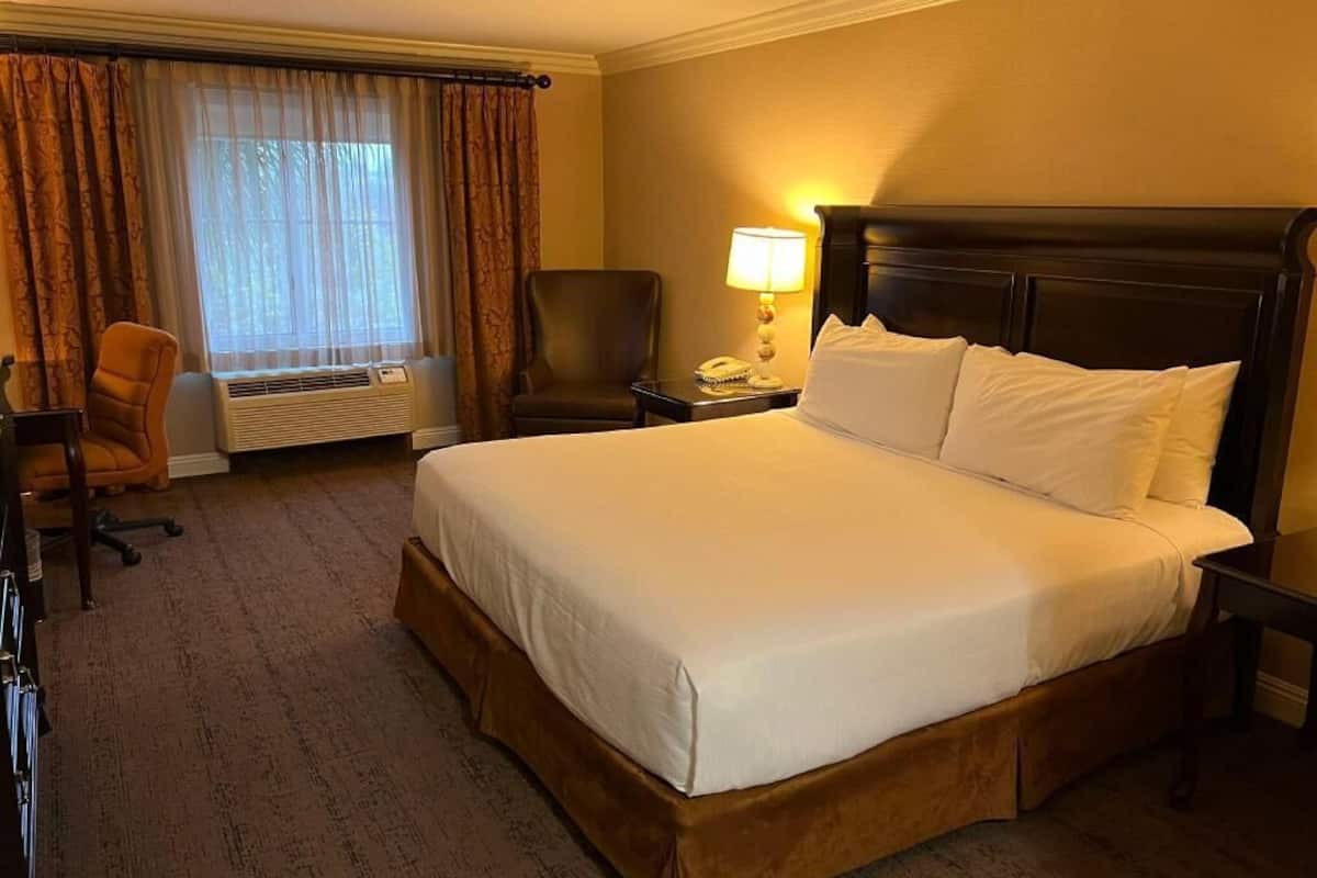 A hotel room with a large bed, a desk, a chair, a lamp, and a telephone.