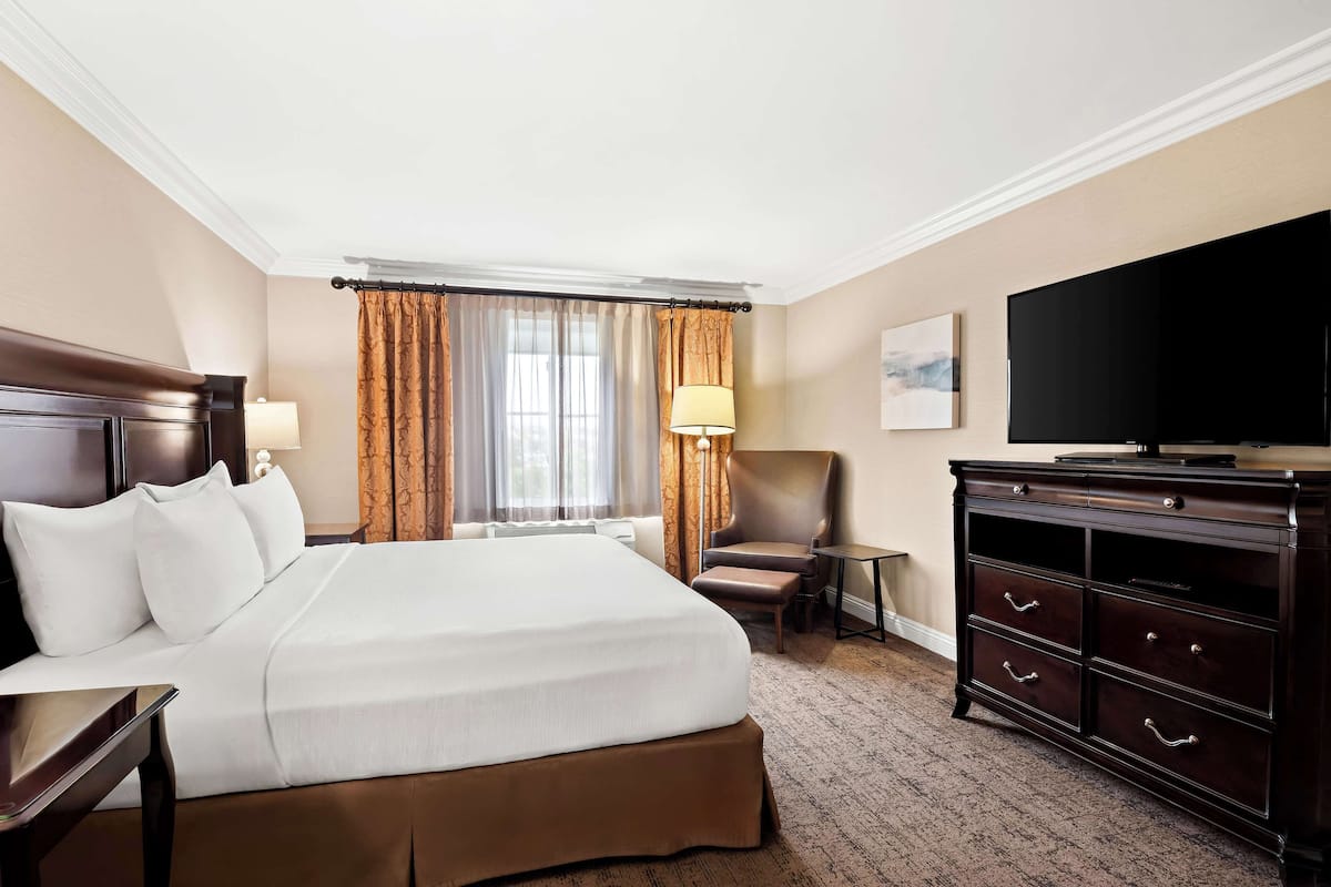 A hotel room with a large bed, a television, a desk, a chair, and a dresser.