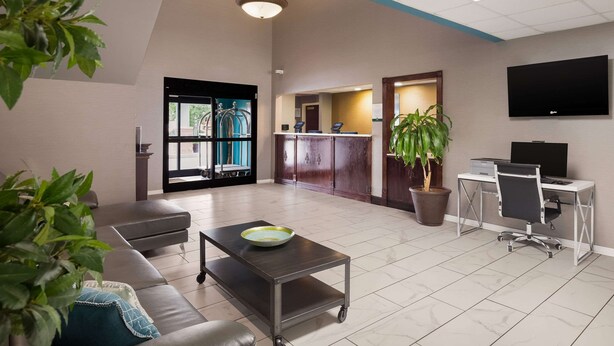 A spacious lobby with a reception desk, a waiting area with a sofa and coffee table, a large potted plant, and a TV mounted on the wall.