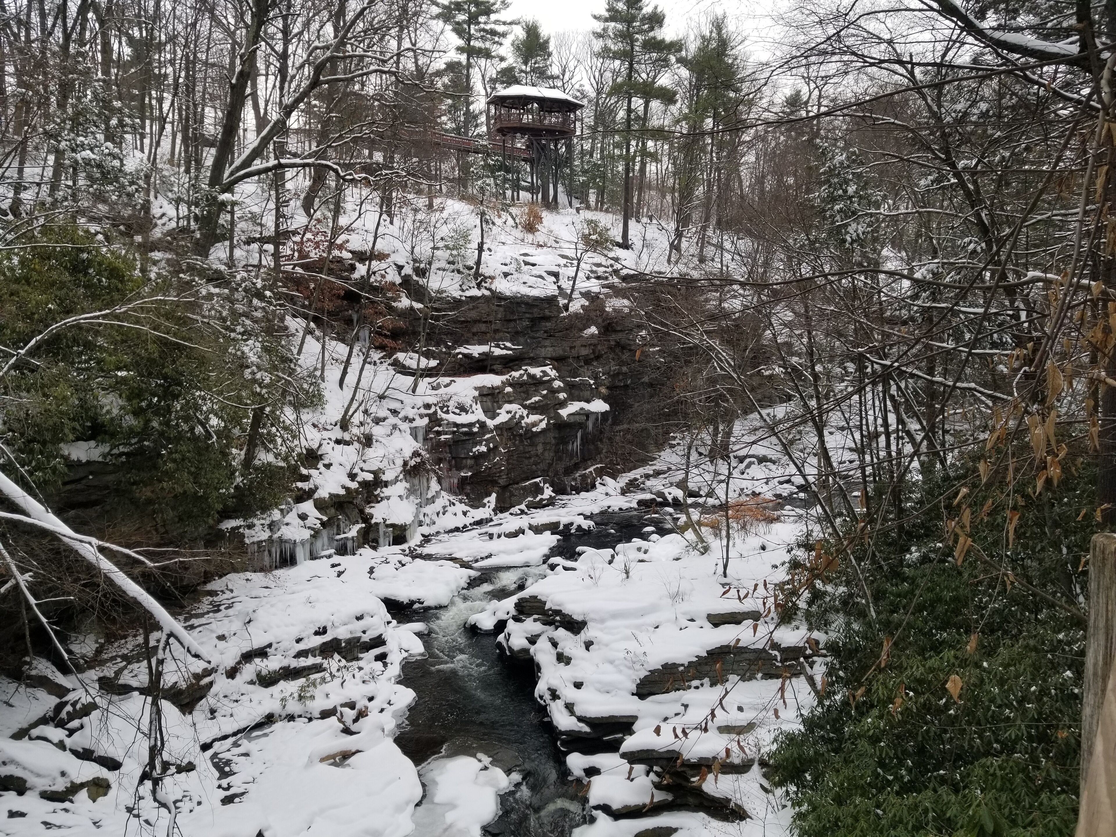 A snow-covered forest with a rocky stream and a wooden viewing platform.