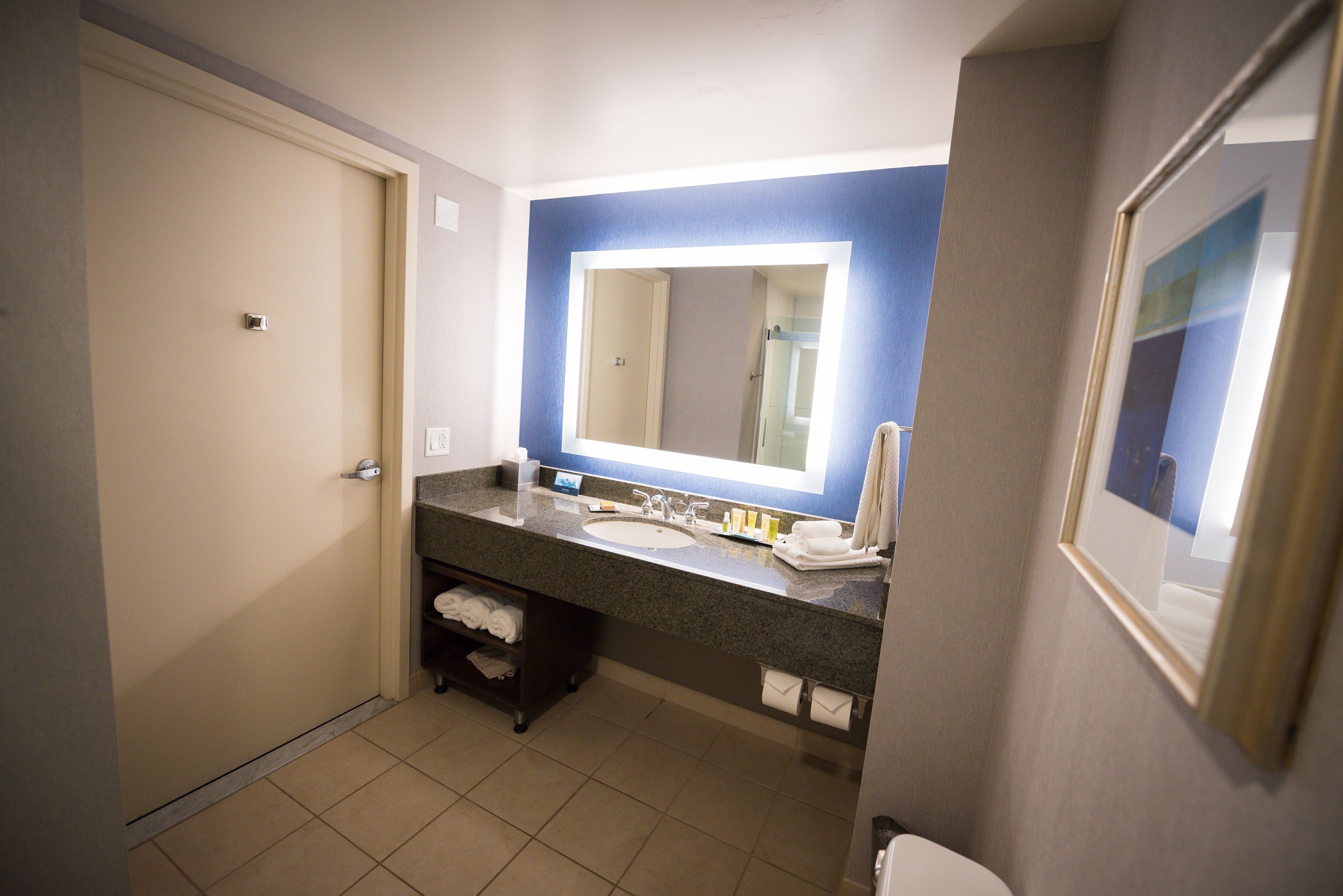 designer toiletries, hair dryer, towels