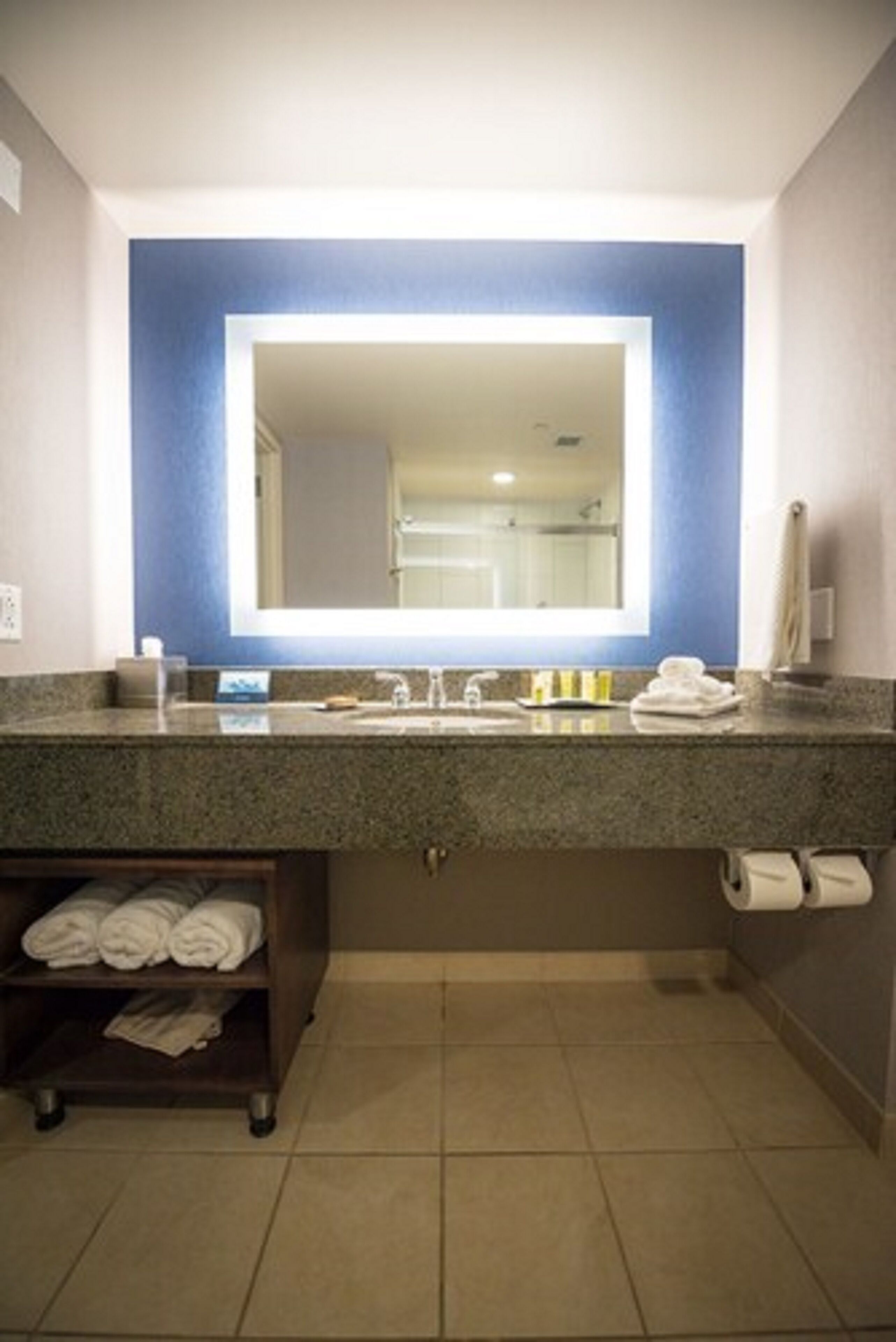 Un baño con encimera de granito, un espejo grande, un perchero con toallas y un dispensador de papel higiénico.