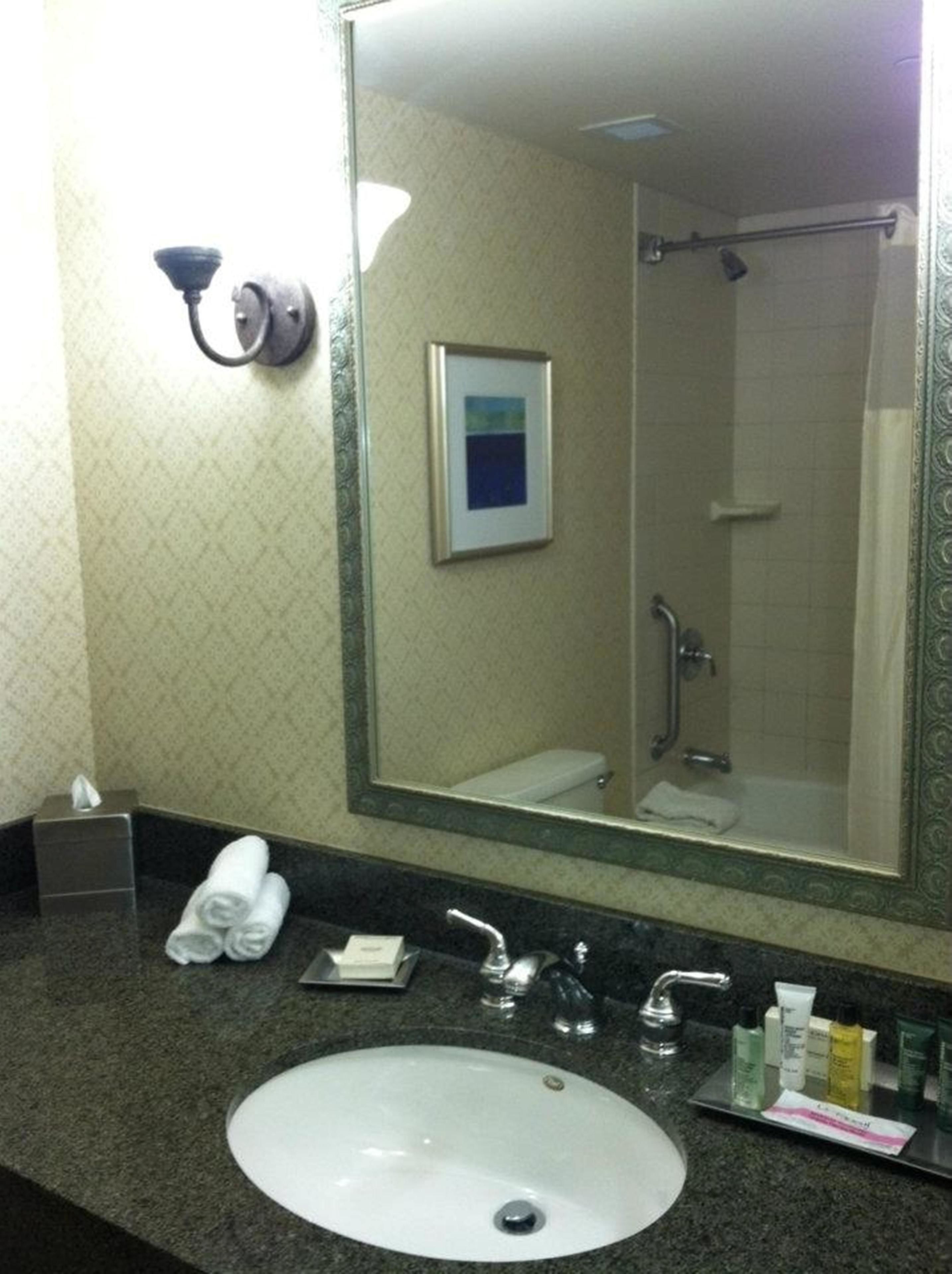 Un baño de hotel con un espejo grande, un lavabo, dispensador de toallas y una ducha.