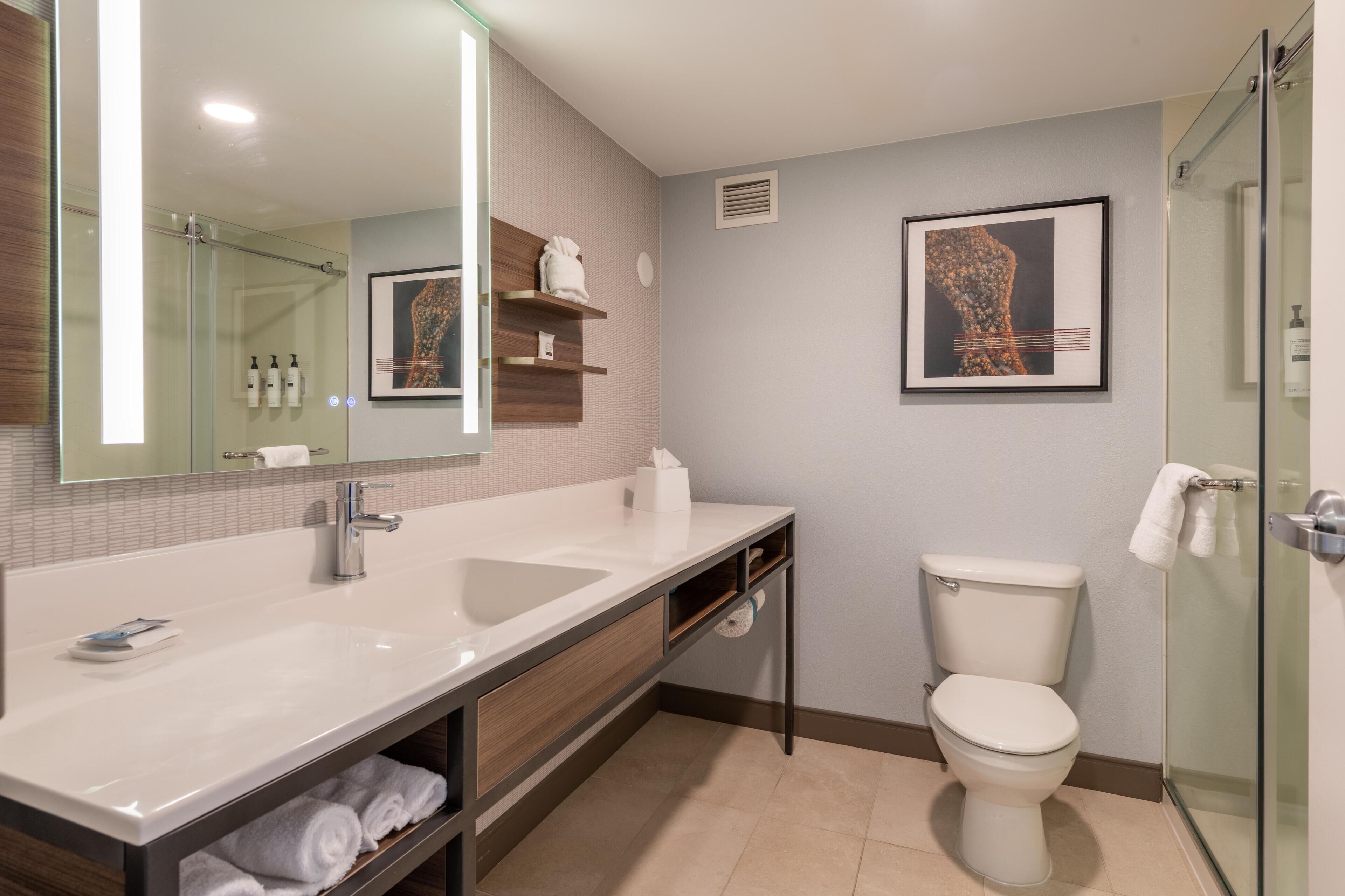 Un baño moderno con un espejo grande, un lavabo, un inodoro y una cabina de ducha de vidrio.
